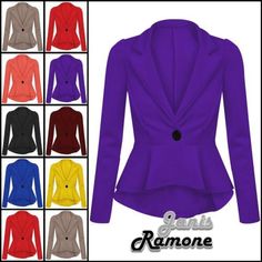 Premium Quality Womens Peplum Frill Jacket Plain Slim Shift Crop Long Sleeve Casual Blazer Coat, Womens jacket Purple Long Sleeve Blazer For Office, Purple Fall Office Blazer, Purple Long Sleeve Single Breasted Blazer, Purple Single-breasted Long Sleeve Blazer, Purple Single-breasted Long-sleeved Blazer, Purple Lapel Collar Blazer For Fall, Purple Lapel Collar Outerwear For Office, Purple Outerwear With Lapel Collar For Office, Purple Long Sleeve Outerwear For Office