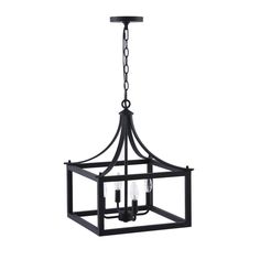 a black chandelier with two lights hanging from the bottom and one light on top