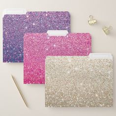 glitter and glamur gold, pink, purple, and green file folders