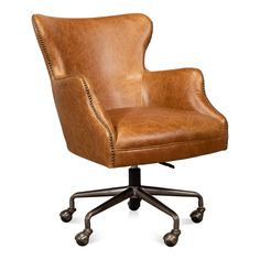 a brown leather office chair with casteors and wheels