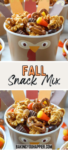 a bowl filled with candy cornflakes, pretzels and other treats for fall snack mix