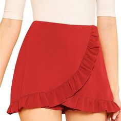 Shein Women's Mid Waist Ruffle Wrap Skort- Never Worn Flirty Red Summer Bottoms, Flirty Red Bottoms For Summer, Casual Party Shorts With Ruffles, Red Ruffled Shorts For Spring, Chic Ruffled Solid Color Shorts, Red Ruffled Shorts, Red Ruffled Bottoms For Spring, Red Ruffled Bottoms For Summer, Red Flirty Ruffled Bottoms