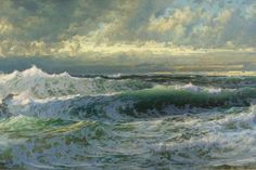 an oil painting of the ocean with waves crashing and clouds in the sky above it