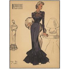 This is an original fashion image that dates to the 1940s.  It came from a collection called "Inspirations for the new season."  It is an unusually large image for this kind of fashion plate.  The Mid-Century design has a wonderful color tone featuring a blue crepe tuile long evening dress with a tiered bottom, cinched waistline, and intricate detail on the bodice and sleeves.  Note the rear view with additional detailing.  The model leans against an etched detail of home furnishings.   She holds her evening wrap and is ready for the evening event.  It is in excellent condition with no age markings or discoloration. The gold/bronze background tone adds a wonderful quality.  See companion image offered in our shop as the 2 designs make for great wall decor for today's fashionista or vintage 40s Dresses Formal, Evening Wraps, 40s Dress, 30s Fashion, Fashion Illustration Vintage, French Fashion Designers, Original Fashion, 1940s Fashion, Evening Dresses Long