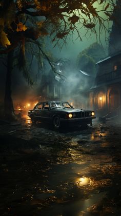 a car driving down a street next to a forest at night with lights on and fog in the air