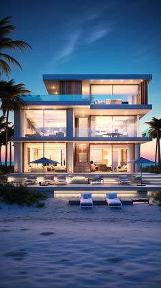 a large modern house on the beach at night with lounge chairs and palm trees around it