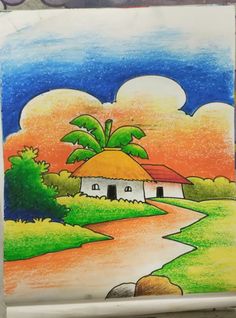 a drawing of a house on the side of a road with palm trees and clouds in the background