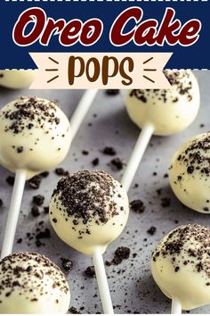 oreo cake pops with chocolate sprinkles on top and text overlay