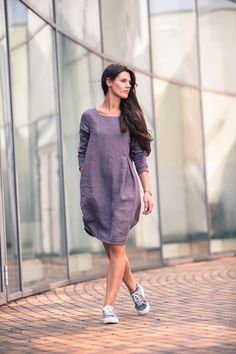 "Purple softened linen dress. Flax dress with pockets. More colors available! Also perfect as maternity dress. Made of pure linen, this dress is perfect for hot summer weather. 100% linen. Made in EU. Size Front Length(in/cm) Back Length(in/cm)Chest Width(in/cm) Sleeve width(in/cm) XS 37/94 35,5/90 18/45 16/6 S 37/95 36/92 18/46 16/6 M 37/95 36/92 20/52 18/7 L 38/96 36,5 /93 21,5/55 19/7 Each piece is handmade, so there might be some slight changes. More colors are available. If you wish to make Flax Linen Long Sleeve Dress With Relaxed Fit, Spring Long Sleeve Linen Dress With Pockets, Long Sleeve Linen Dress In Flax Color, Flax Linen Long Sleeve Dress, Linen Dresses With Side Pockets, Long Sleeve Flax Linen Dress, Long Sleeve Linen Dress In Natural Color, Beige Linen Long Sleeve Dress, Casual Long Sleeve Flax Dress