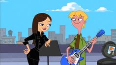 two cartoon characters standing next to each other in front of a guitar case and microphone