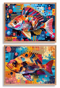 two paintings of colorful fish on wooden boards