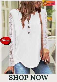 Casual Notched Neck Patchwork Lace Plain T-shirt Lace Long Sleeve Shirt, Lace Blouse Long Sleeve, Lace Sleeve Top, Fall Blouse, Lace Top Long Sleeve, Casual Tops For Women, Casual Lace, Women Shirts Blouse, Lace Shirt