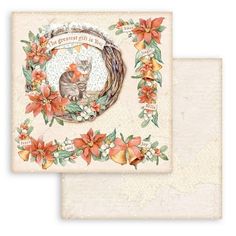 two greeting cards with an image of a cat and poinsettis on them