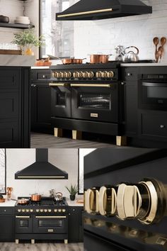 black kitchen with gold accents and stainless steel range hoods, pots and pans on the stove