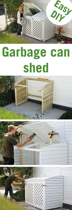 an easy diy garage can shed is shown in three different pictures