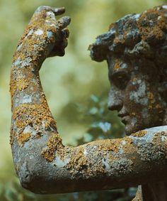 a statue with moss growing on it's arm