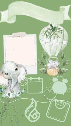 an elephant is sitting in front of a green background with other items and things around it