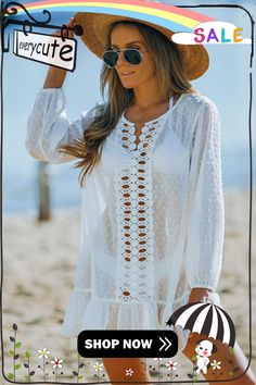 White Swiss Dot Crochet Long Sleeve Beach Cover Up Casual White Cover-up With Crochet Trim, Summer Vacation Cover-up With Lace Trim, Casual Crochet Trim Cover-up For Beach, White Casual Cover-up With Crochet Trim, Chic Beach Cover-up With Lace Trim, Chic Lace Trim Cover-up For Beach, Dot Crochet, Cover Up Swimwear, Beach Cover Ups