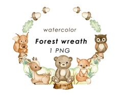 a watercolor forest wreath with animals and leaves