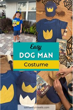 kid holding dog man book in dog man costume