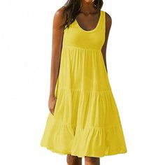 QLEICOM Womens Summer Dress, Sleeveless Ruffle Sleeve Round Neck Mini Dress, Loose Fit Short Flowy Pleated Dress, Casual T Shirt Swing Sundress, Sweet Beach Tank Summer Dresses Size: US Size:10.  Color: Yellow.  Gender: female.  Age Group: adult. Sukienki Plus Size, Beach Maxi Dress, Mini Robes, Tank Top Dress, Maxi Robes, Ruffle Mini Dress, Crewneck Dress, Yoga Shorts, Vacation Dresses