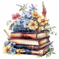 a stack of books with flowers and leaves on top of each book is shown in this watercolor painting