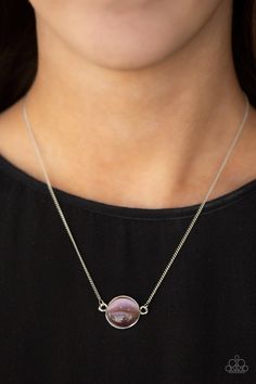 A glassy purple cat's eye stone attaches to a shimmery silver chain, creating a stationary pendant below the collar. Features an adjustable clasp closure. Sold as one individual necklace. Includes one pair of matching earrings. Happy Jewelry, Colored Glasses, Rose Colored Glasses, Cats Eye Stone, Purple Cat, Purple Necklace, Paparazzi Accessories, Moonstone Necklace, Eye Stone