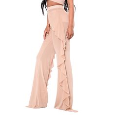 Apricot Sheer Mesh Tasseled Bell Bottom Pants Beige Ruffled Party Bottoms, Chic Tassel Pants For Spring, Chic Fringe Summer Pants, Spring Wide Leg Bottoms With Fringe, Beige Party Trousers, Wide Leg Bottoms With Tassels, Chic High Waist Fringe Bottoms, Spring Wide Leg Pants With Tassels, Bell Bottom Pants