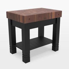 a wooden table with black legs and a butcher block on the top that is made out of wood