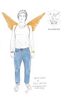 a drawing of a man with angel wings on his shirt and jeans, standing in front of a white background