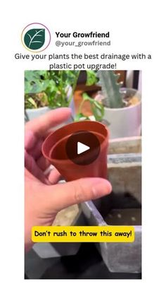 someone is holding a plastic pot with plants in it and the caption reads,'give your plants the best drainage with a plastic pot upgrade don '