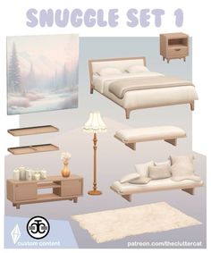 a set of furniture including a bed, night stand, table and lamp with the words snuggle set 1