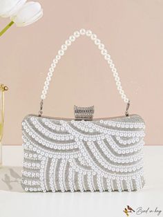 Bird in Bag - Womens Rhinestone and Pearl Decorated Evening Clutch Bag for Banquets, Weddings, and Parties Embellished Rectangular Clutch For Banquets, Embellished Rectangular Clutch For Banquet, Rectangular Clutch With Rhinestones For Banquet, Silver Beaded Bridal Accessories For Party, Wedding Bag With Pearl Handle In Silver, White Rectangular Evening Bag For Banquet, Silver Evening Bag With Pearl Handle For Wedding, Silver Rhinestone Evening Bag For Banquet, Silver Wedding Bag With Pearl Handle