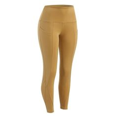 a women's tan leggings with high waist and side zipper on the bottom