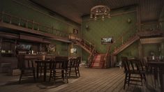 an old fashioned dining room with green walls and wood flooring, stairs leading up to the second floor