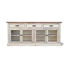 an old white cabinet with glass doors on the top and bottom drawers, against a white background