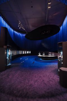 an empty room with purple carpet and blue lighting