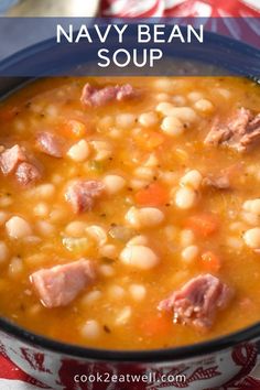 ham and bean soup in a black bowl on a red and white napkin with text overlay