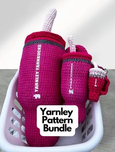 two crocheted slippers in a laundry basket with the words yarnley pattern bundle