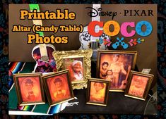 a table topped with framed pictures and other items in front of a sign that says printable altar candy table photos