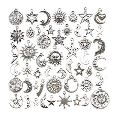 PRICES MAY VARY. Material: Alloy, lead and nickel free. 100% brand new and high quality. Color: antique silver. Size: 0.28" - 1.2" (7 - 30 mm). Quantity: 100pcs jewelry making Sun Moon Star charms. appropriate for your different needs for DIY crafts. Alloy Celestial Sun Moon Star charms pendants adopt electroplating process, beautiful and safe. Used to create dramatic pendants, earrings, bracelet, necklace, anklet, home decoration and other event decoration, is a very useful accessory. A good gi Diy Collier, Sun And Stars, Necklace Craft, Jewelry Making Charms, Accessories Diy Jewelry, Craft Accessories, Moon Stars, Small Pendant, Metal Charm