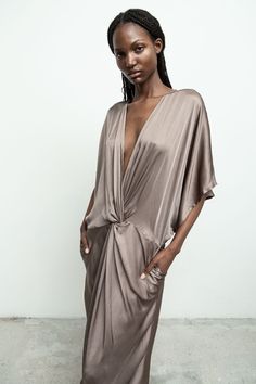 100% modal satin/ deep v/ twist detail at front drape/ kimono sleeves/ elastic band in the back/ side pockets Helen is 5'10" size 2 wearing size S 60s Party, Knit Bottom, Kimono Sleeves, Dress Satin, Draped Dress, Kimono Sleeve, Outerwear Sweater, Dresses Xs, Evening Wear