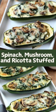 spinach, mushroom and ricotta stuffed zucchini boats on a white platter