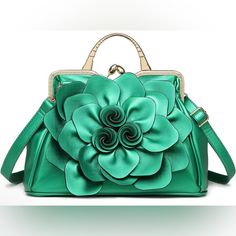 Nwt Exquisite Leather Flower Kiss-Lock Handbag Color: Green W/Gold Hardware Dust Bag Included Dimensions:14.96x5.51x10.04 In Material Patent Leather Detachable Strap Can Be Used: Shoulder Bag ,Crossbody Bag Or Clutch Trendy Clutch, Accessories Purses, Formal Clutch, Catalog Bag, Flower Handbag, Color Aqua, Women Rising, Leather Flowers, Mobile Phone Bag