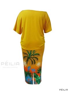 Peilia - Womens Plus Size Bohemian Two-Piece Ensemble featuring One-Shoulder Short Sleeve Tee with Cross Letter & Tropical Print and Maxi Skirt Yellow Beachwear Sets For Summer, Off-shoulder Beach Sets For Spring, Off-shoulder Summer Vacation Sets, Summer Off-shoulder Vacation Sets, Yellow Short Sleeve Vacation Sets, Yellow Short Sleeve Sets For Vacation, Yellow Sets For Beach Season, Yellow Beach Sets For Beach Season, Yellow Summer Vacation Sets