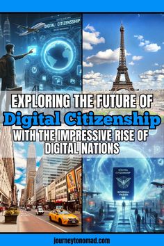 an advertisement for the digital citizenship program with images of people and buildings in the background