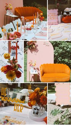 a collage of photos with orange and pink decor