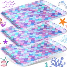 three mermaid themed placemats with different designs