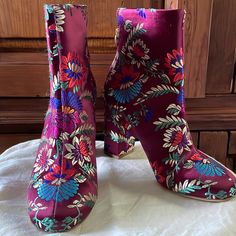 Euc Joie Wine Brocade Ankle Heeled Boots 36.5. Round Toe. Narrow Fit. 3.75” Heel. Back Zip With Gold Hardware. Gorgeous Wine Brocade Embroidered Floral Fabric With Accents Of Gold, Blues, Red, Green.Original Retail Sticker Still On Bottom Of One Boot- Purchased For Less During A Sale. Worn Twice. High Heel Floral Print Boots For Party, High Heel Floral Print Party Boots, Party Boots With Floral Print And Pointed Toe, Fall Floral Print High Heels, Embroidered Boots, Heeled Ankle Boots, Floral Fabric, Shoes Heels Boots, Red Gold