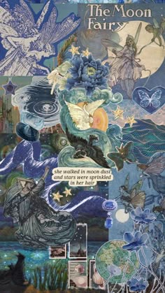 the moon fairy is depicted in this collage with pictures and words on it's cover